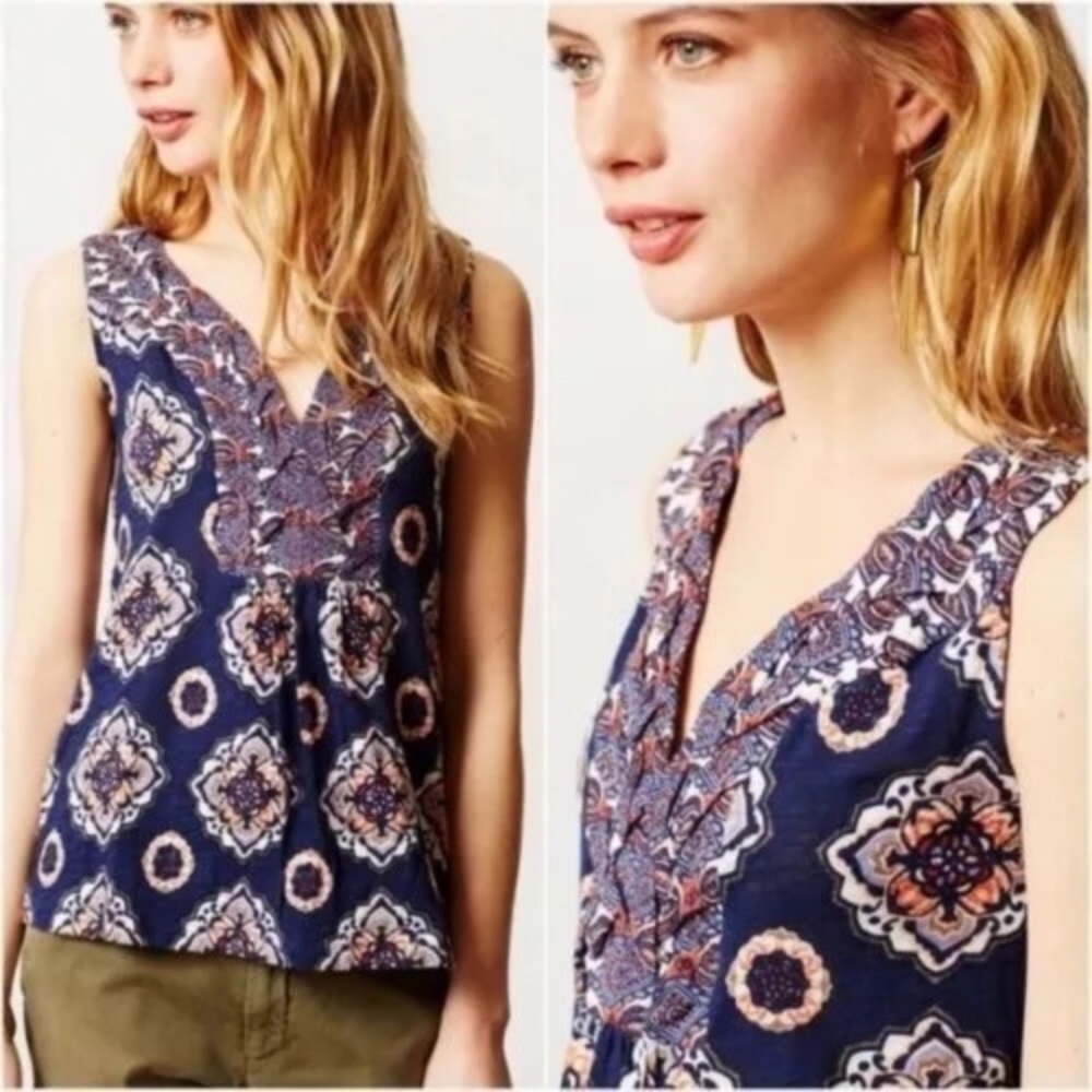 Anthropologie Akemi Kin Navy Hauraki Print Sleeveless Tank Top